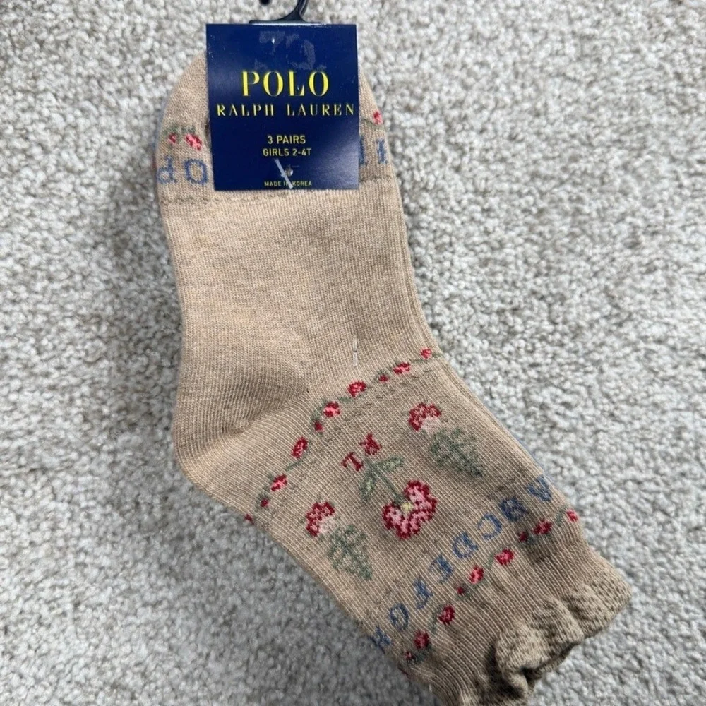 Polo Ralph Lauren Girls 3-Pack Crew Socks 2-4T Floral Fair Isle Alphabet NWT